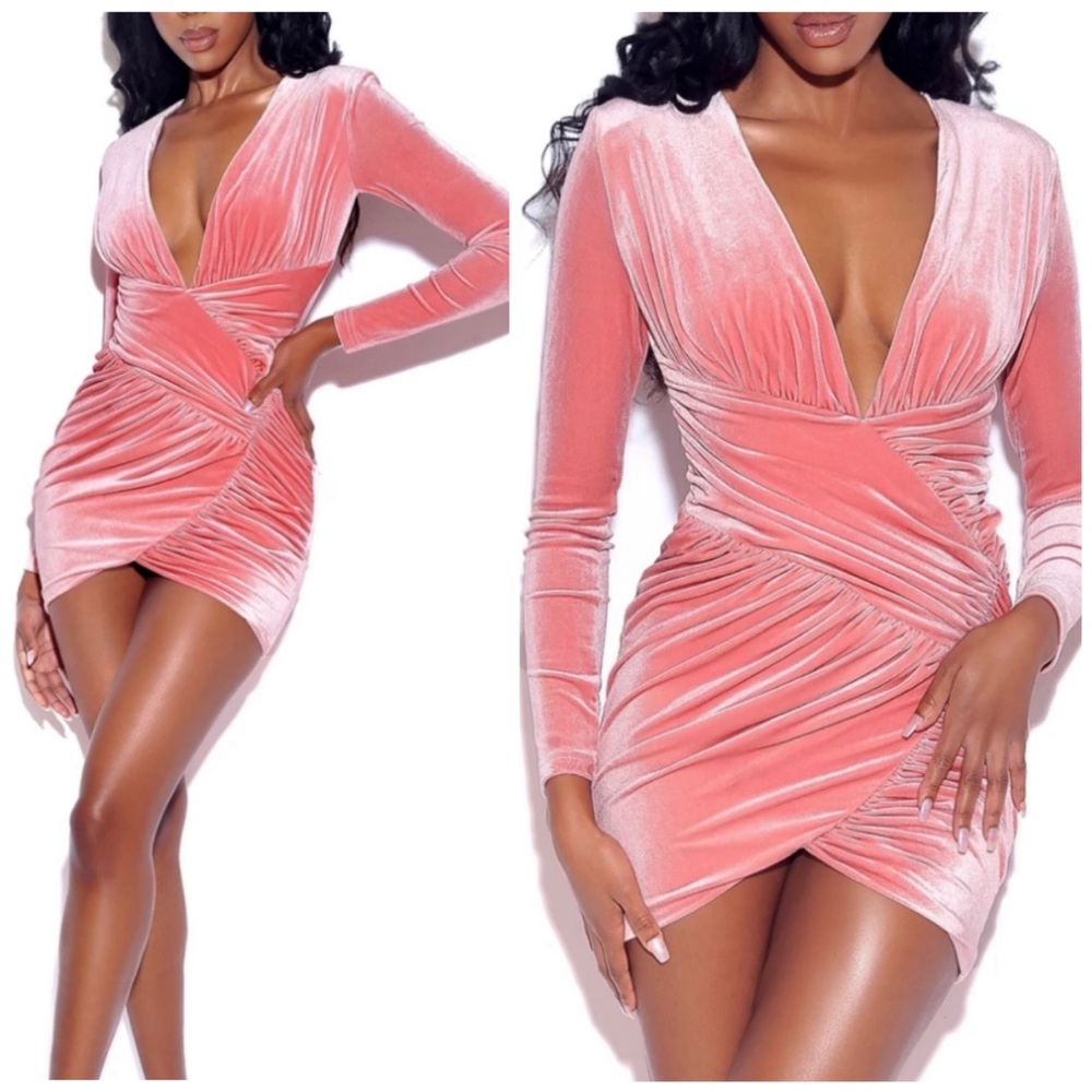 Miss Circle Velvet Velour Ruched Overlap Longsleeeve Mini Dress Salmon Pink